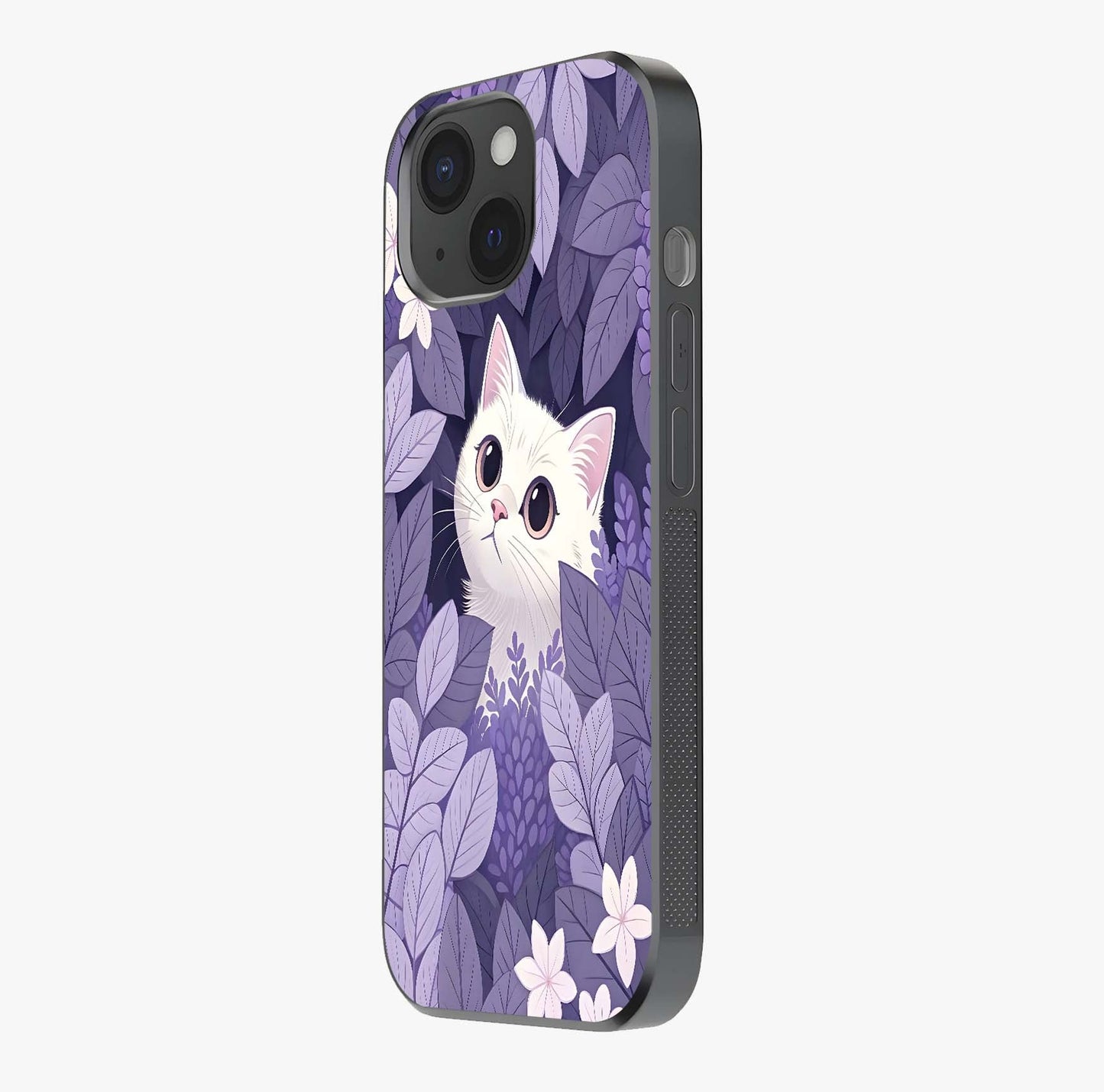 Lilac Hide Peek Cat Glass Case photographed in natural light showing reflective finish and design depth.