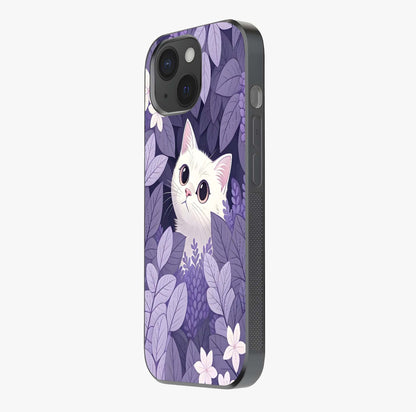 Lilac Hide Peek Cat Glass Case photographed in natural light showing reflective finish and design depth.