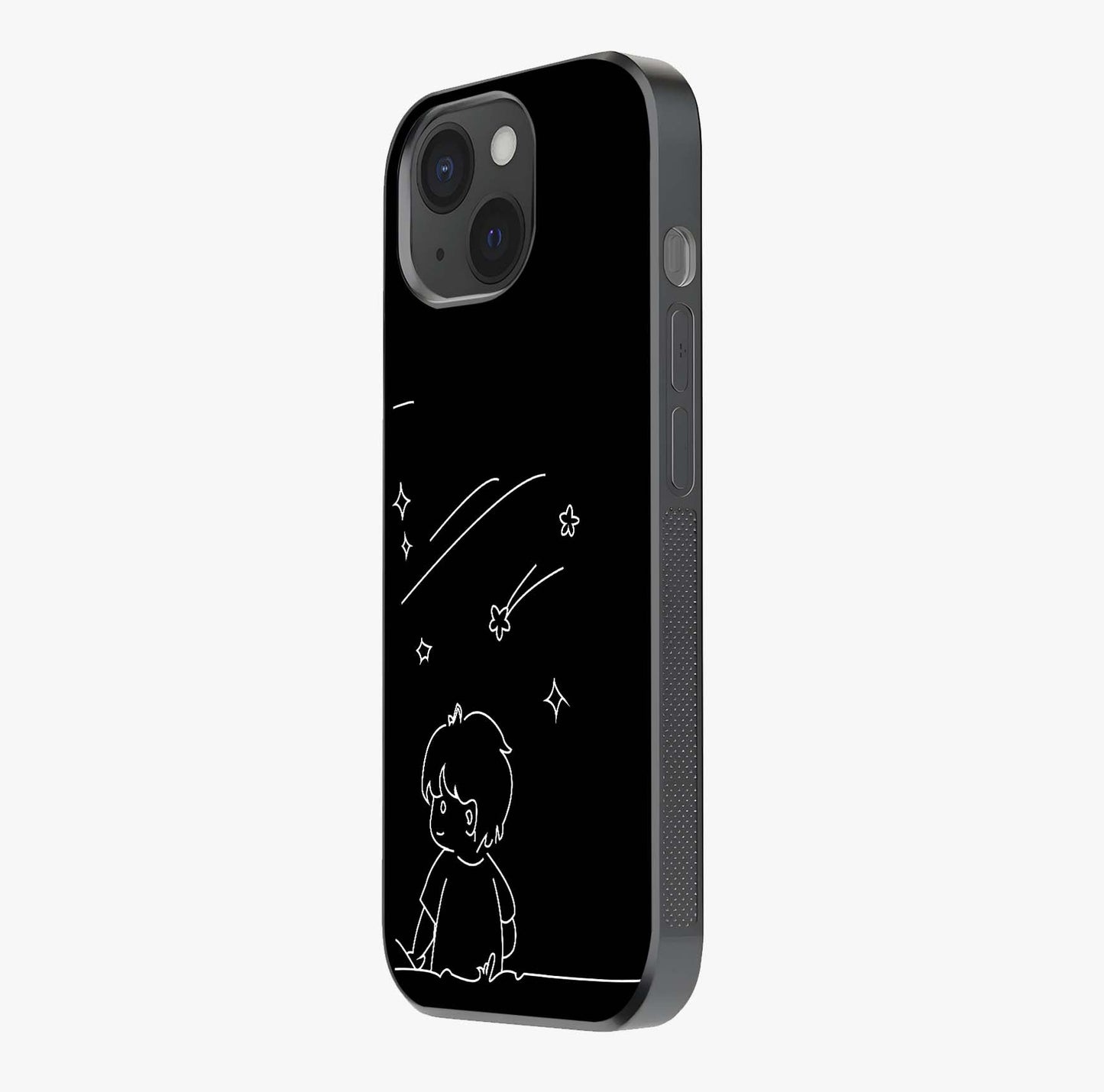 Line Art Boy With Shooting Stars Glass Case photographed in natural light showing reflective finish and design depth.