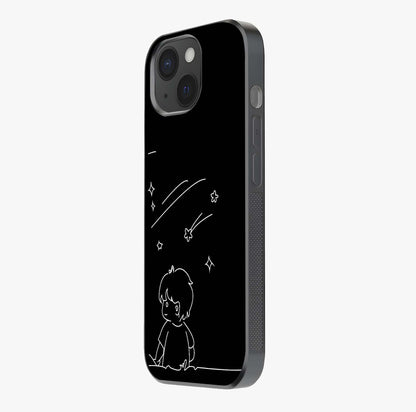 Line Art Boy With Shooting Stars Glass Case photographed in natural light showing reflective finish and design depth.