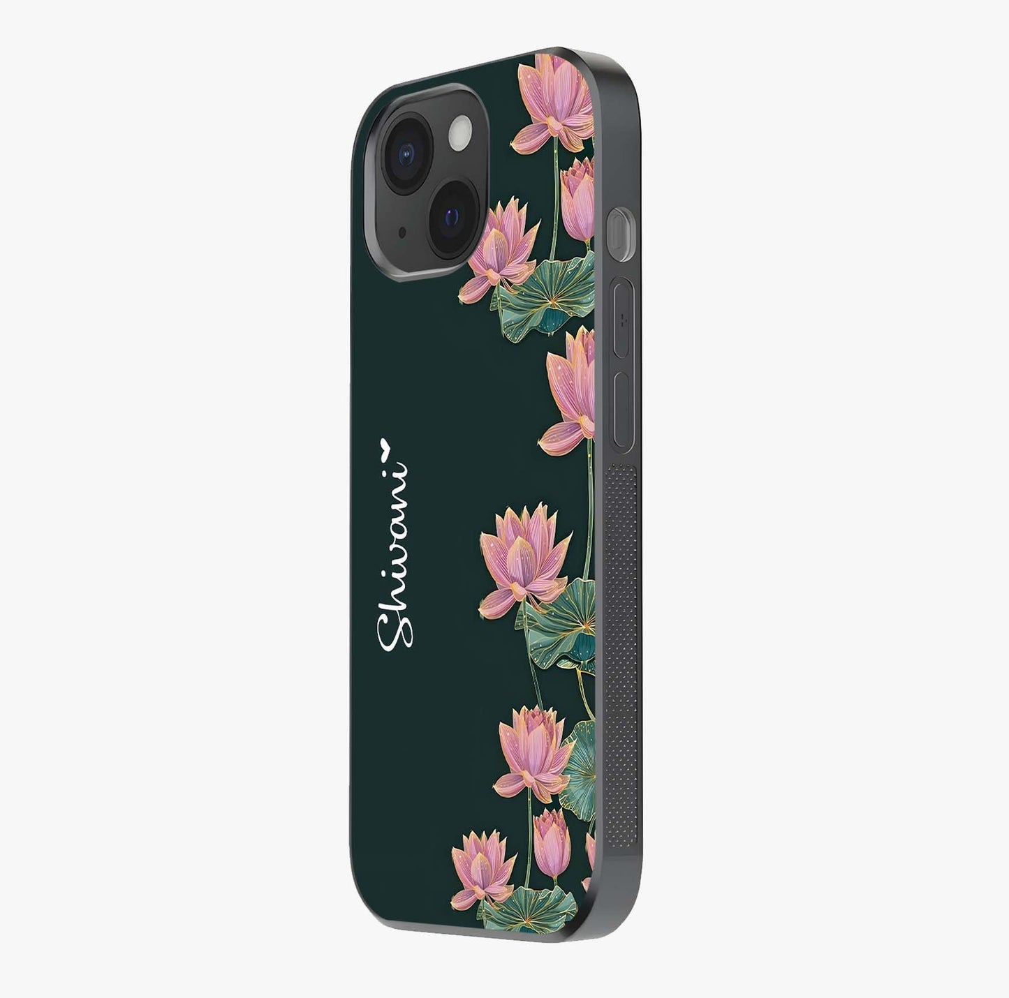 Lotus Bloom Serenity Custom Name Glass Case photographed in natural light showing reflective finish and design depth.