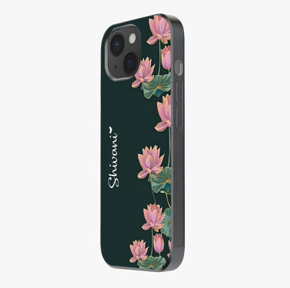 Lotus Bloom Serenity Custom Name Glass Case photographed in natural light showing reflective finish and design depth.