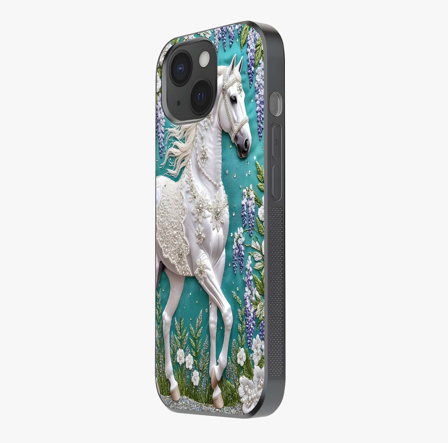Majestic Floral Stallion Glass Case photographed in natural light showing reflective finish and design depth.