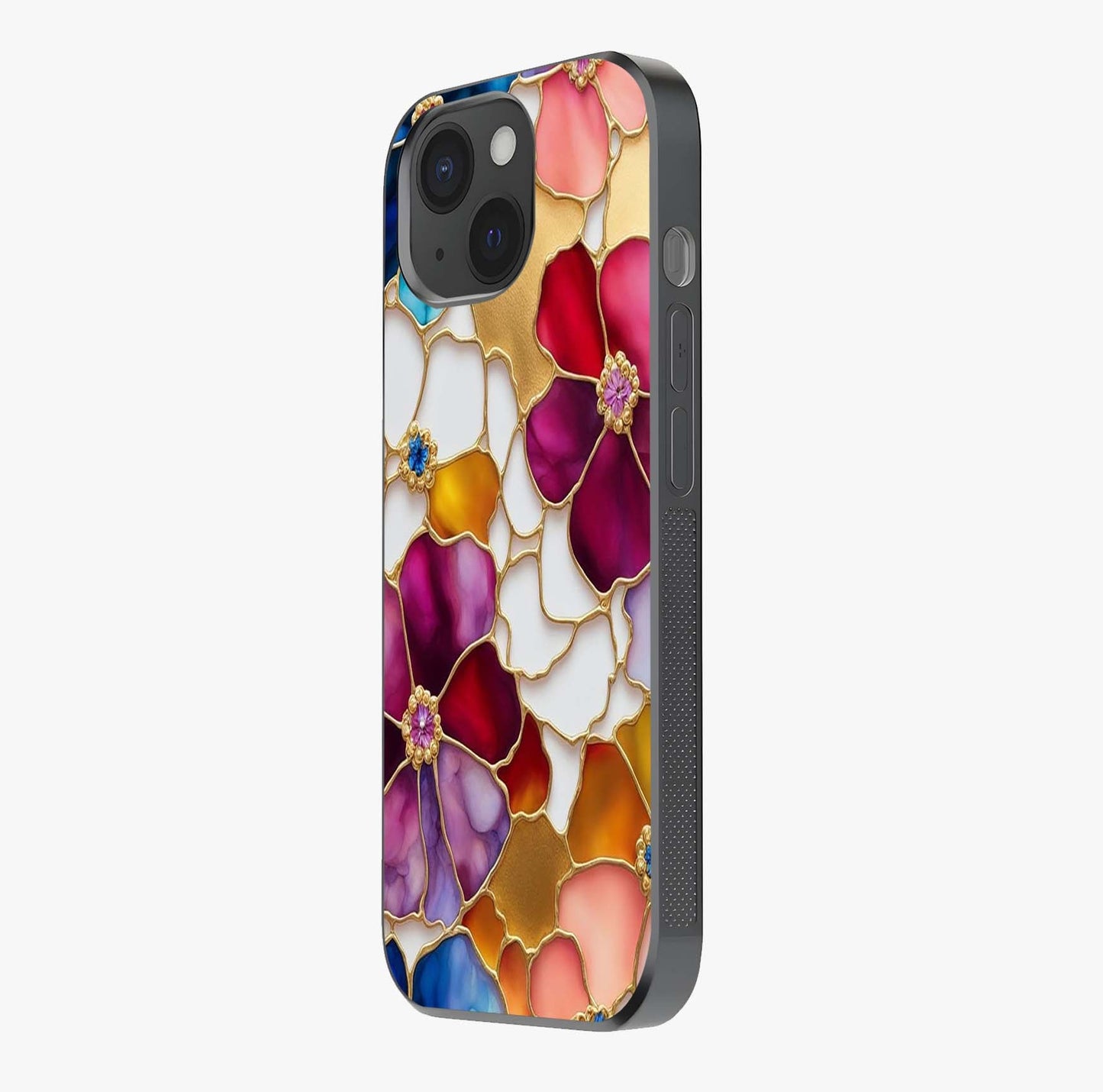 Marble Flower Pattern Glass Case photographed in natural light showing reflective finish and design depth.
