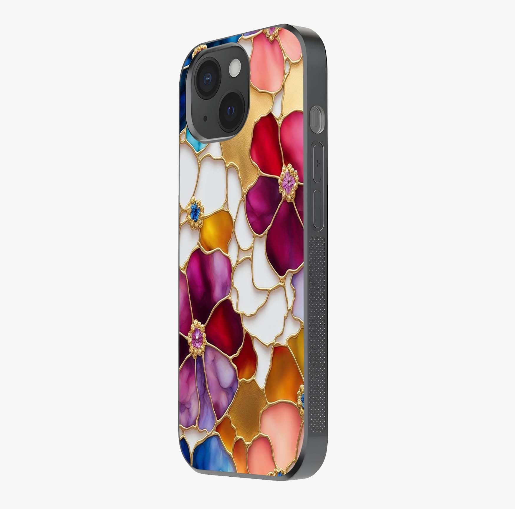 Marble Flower Pattern Glass Case photographed in natural light showing reflective finish and design depth.