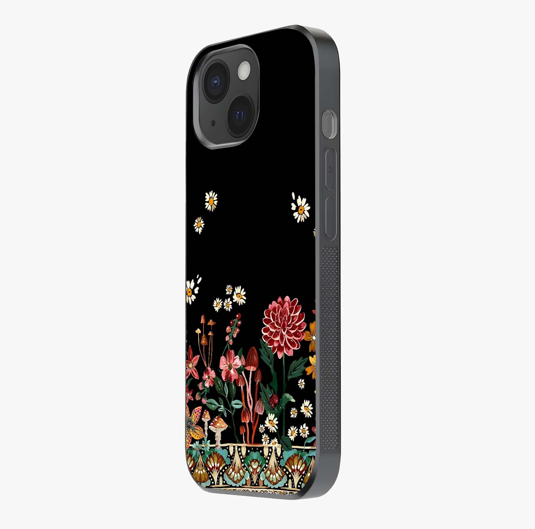 Midnight Bloom Pattern Glass Case photographed in natural light showing reflective finish and design depth.
