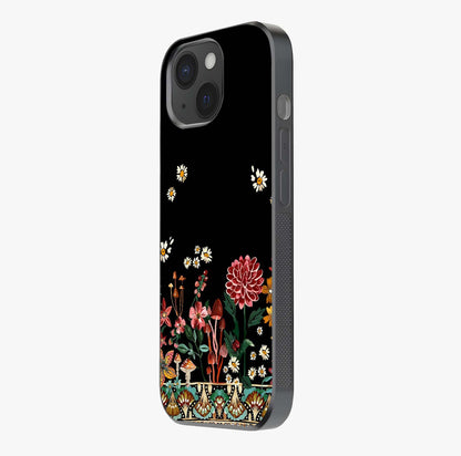 Midnight Bloom Pattern Glass Case photographed in natural light showing reflective finish and design depth.