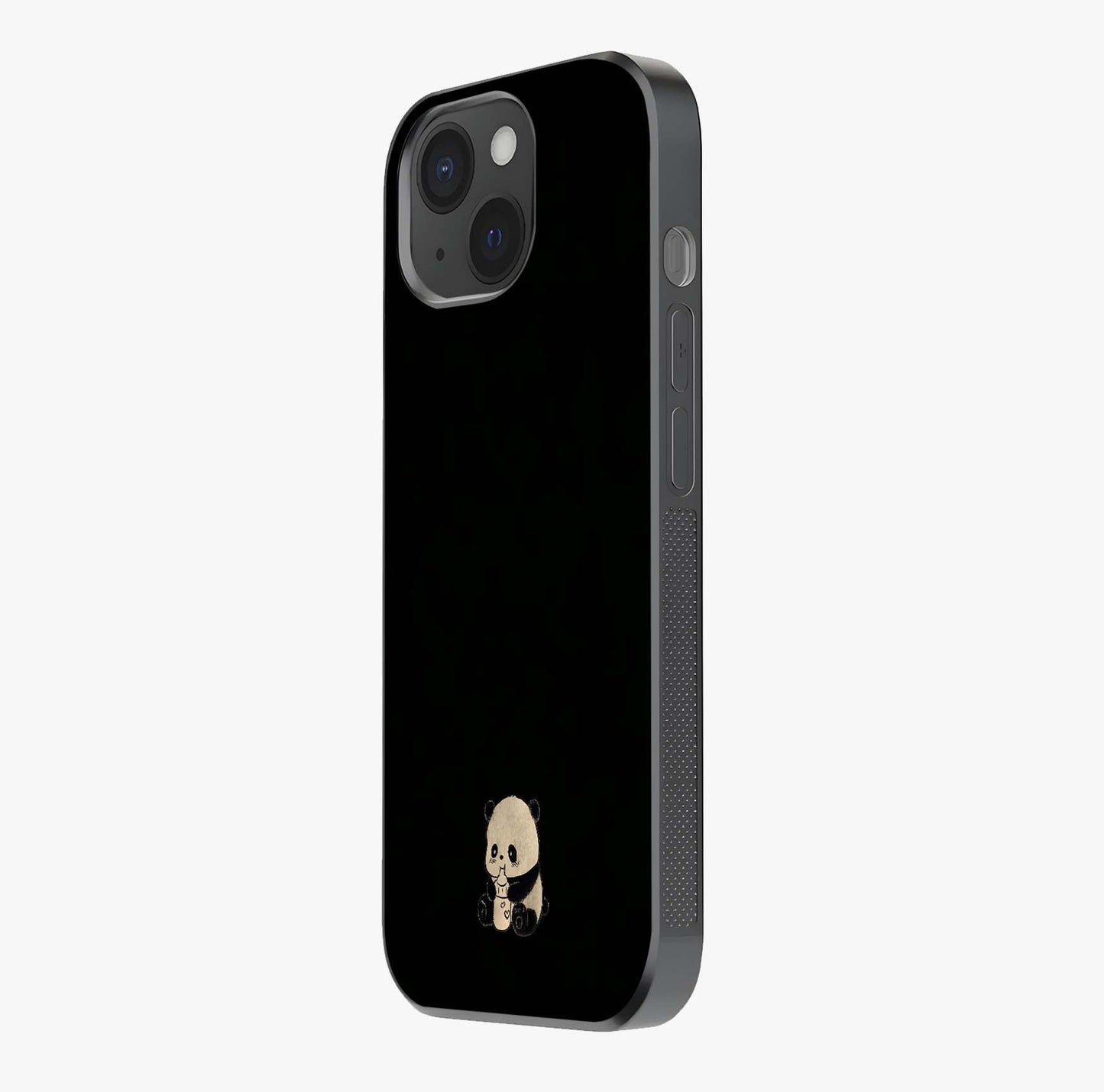 Midnight Panda Love Glass Case photographed in natural light showing reflective finish and design depth.