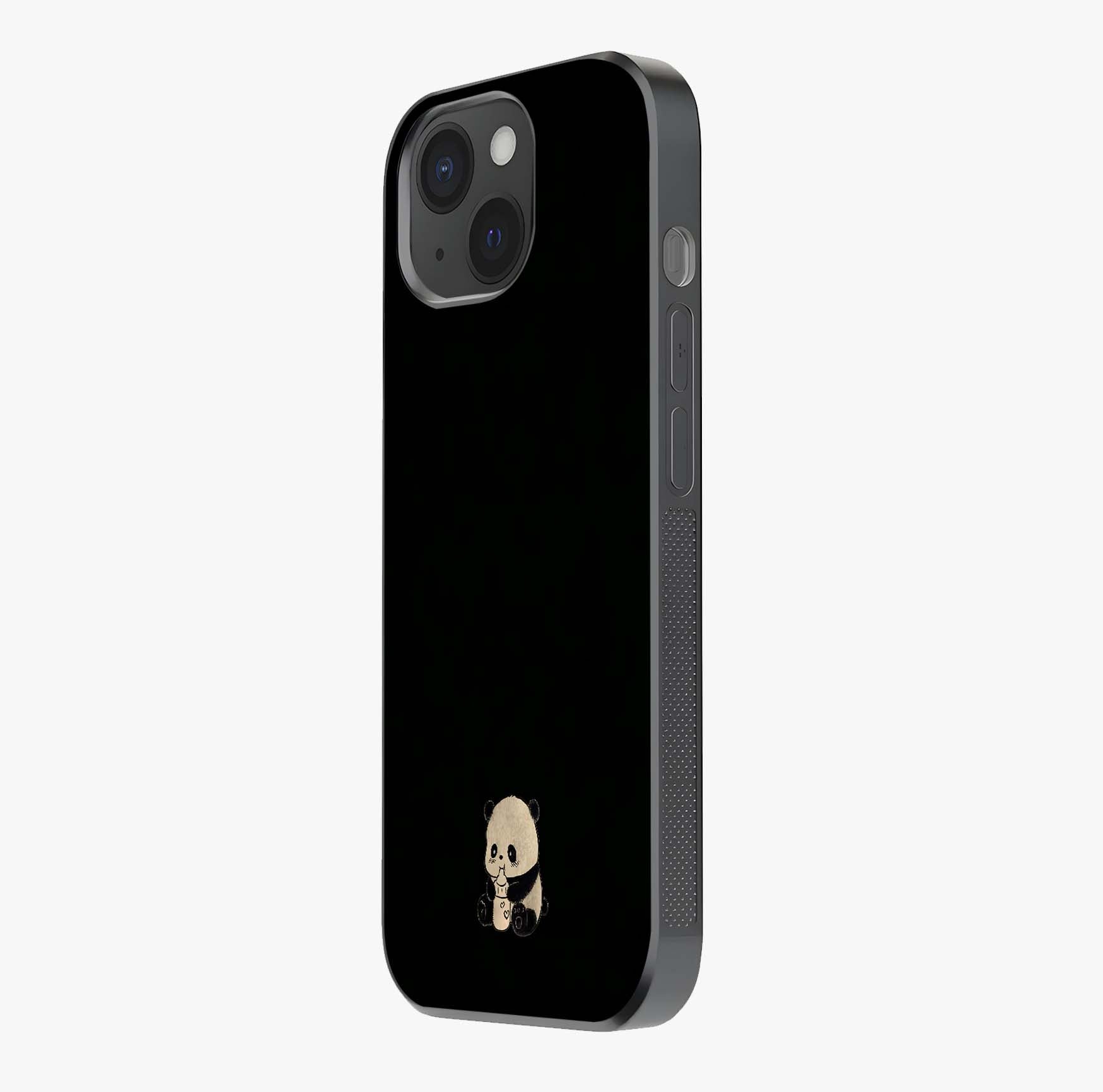 Midnight Panda Love Glass Case photographed in natural light showing reflective finish and design depth.