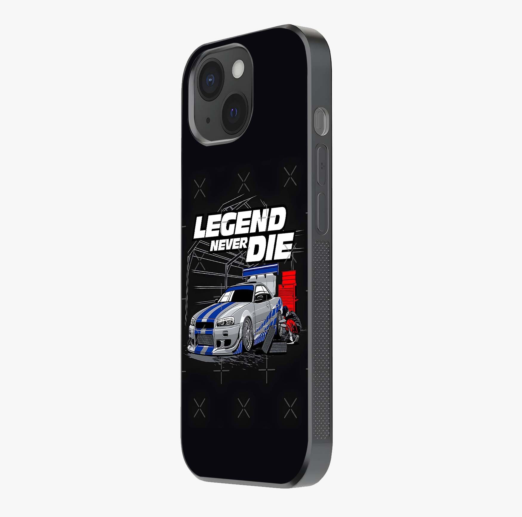 Midnight Racing Legacy Glass Case photographed in natural light showing reflective finish and design depth.