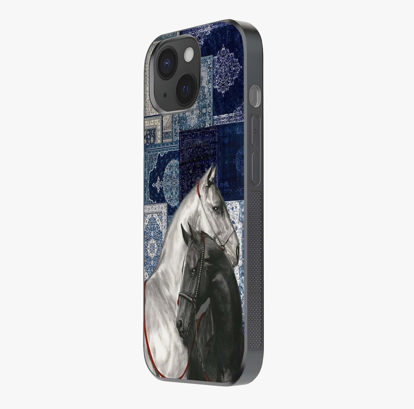 Midnight Stallion Blues Glass Case photographed in natural light showing reflective finish and design depth.