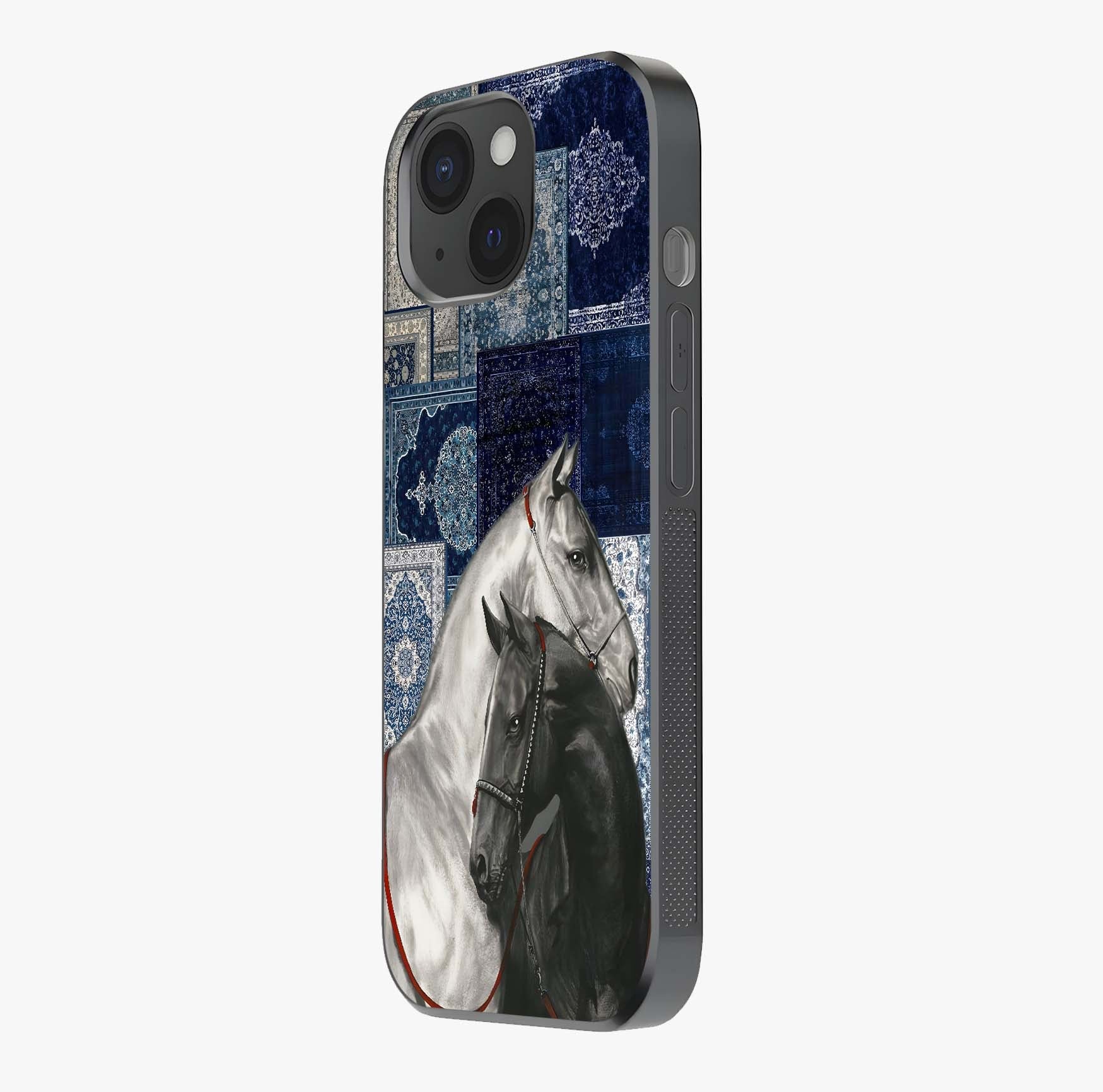 Midnight Stallion Blues Glass Case photographed in natural light showing reflective finish and design depth.