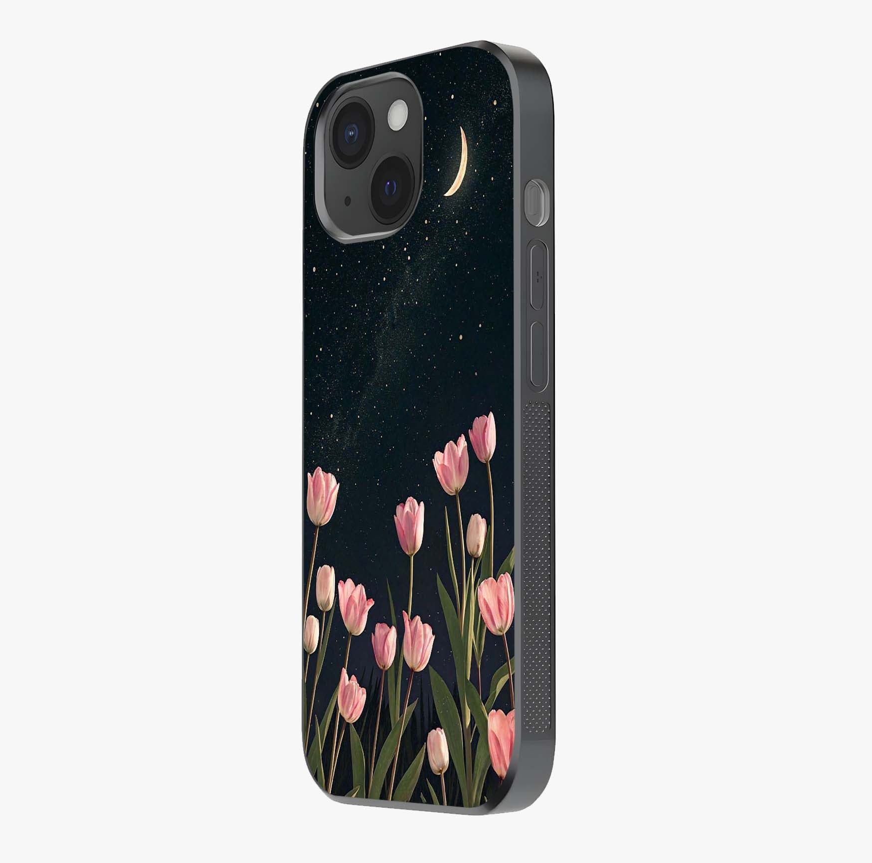 Midnight Tulip Whispers Vibe Glass Case photographed in natural light showing reflective finish and design depth.