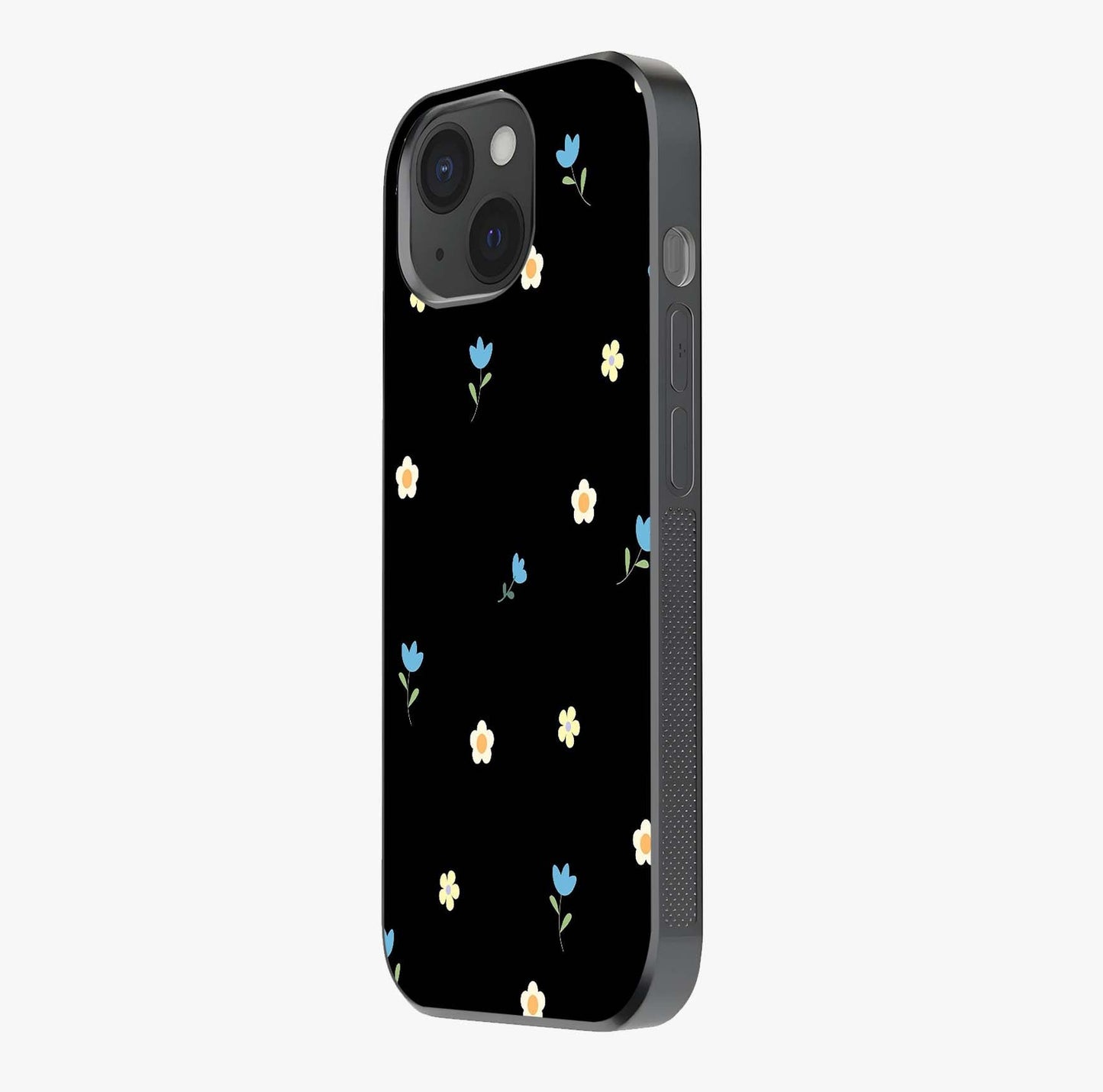 Minimalistic Blue With White Flower Pattern Glass Case photographed in natural light showing reflective finish and design depth.