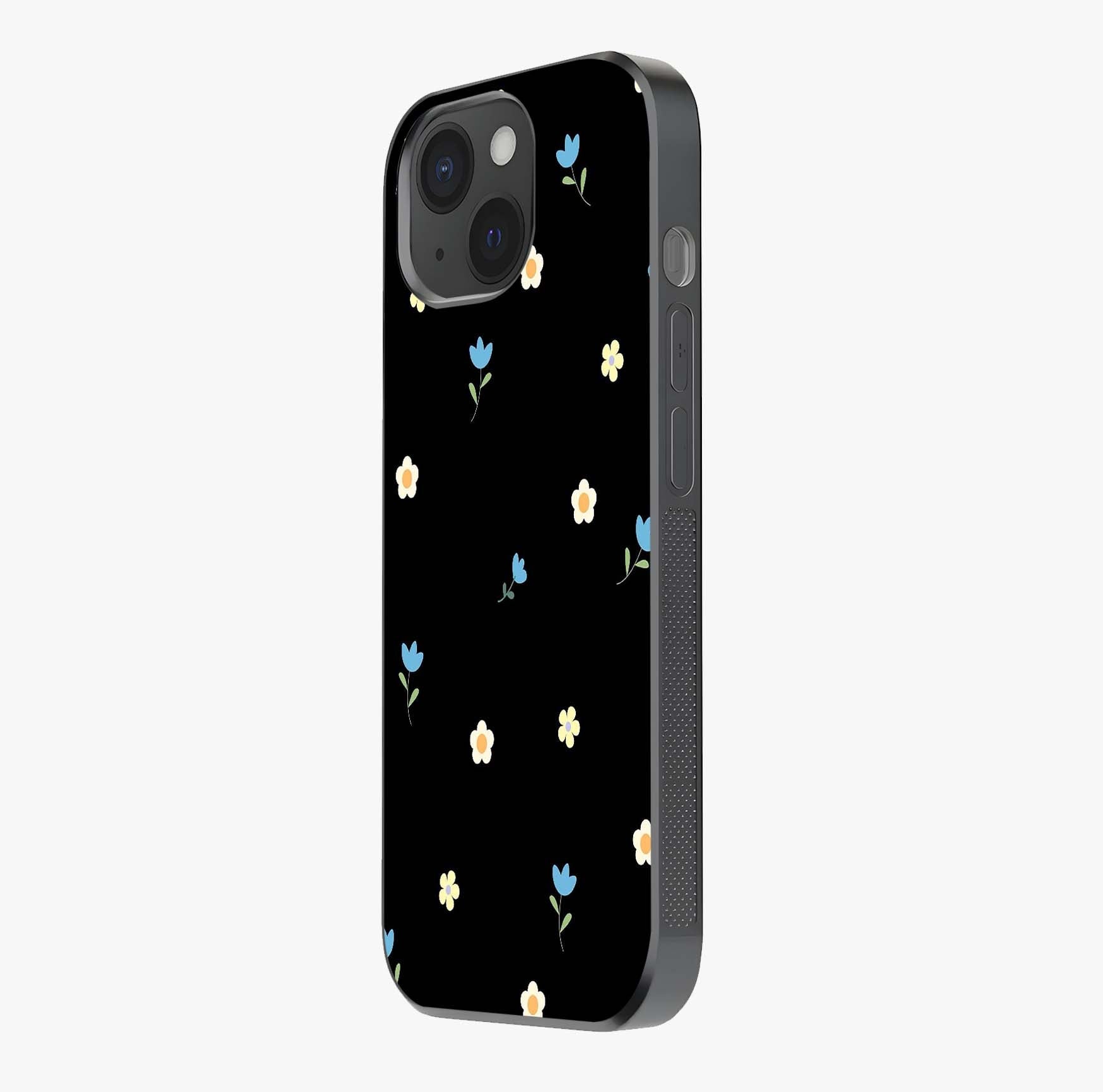 Minimalistic Blue With White Flower Pattern Glass Case photographed in natural light showing reflective finish and design depth.