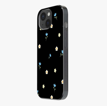 Minimalistic Blue With White Flower Pattern Glass Case photographed in natural light showing reflective finish and design depth.