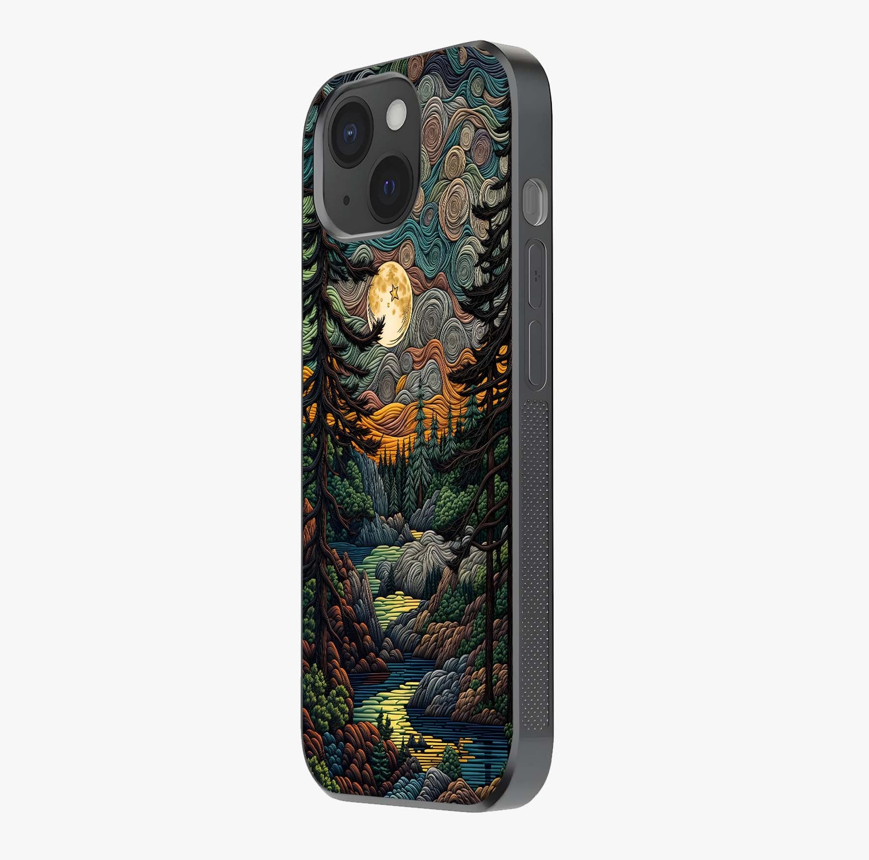 Moonlight Forest Dream Glass Case photographed in natural light showing reflective finish and design depth.