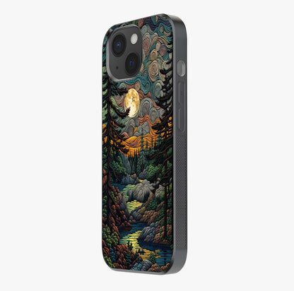 Moonlight Forest Dream Glass Case photographed in natural light showing reflective finish and design depth.
