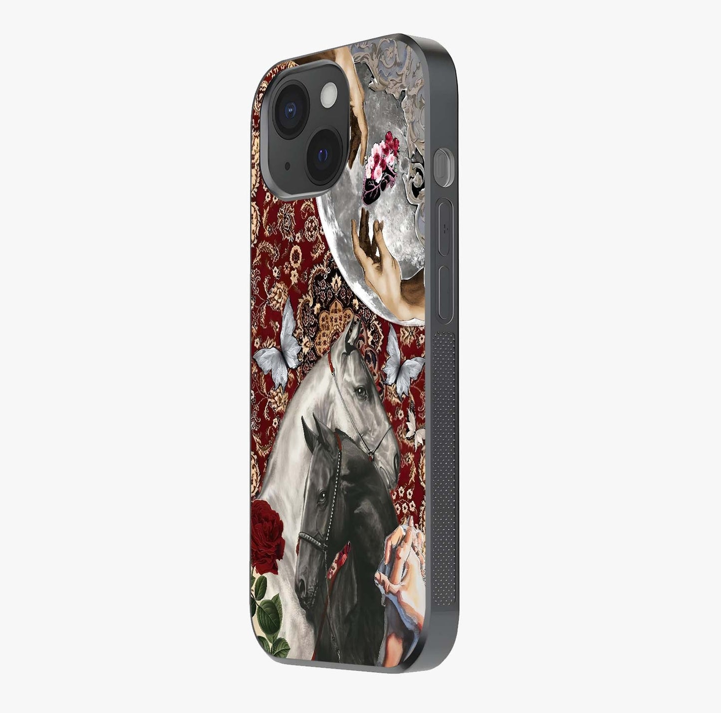 Moonlit Royal Stallion Glass Case photographed in natural light showing reflective finish and design depth.