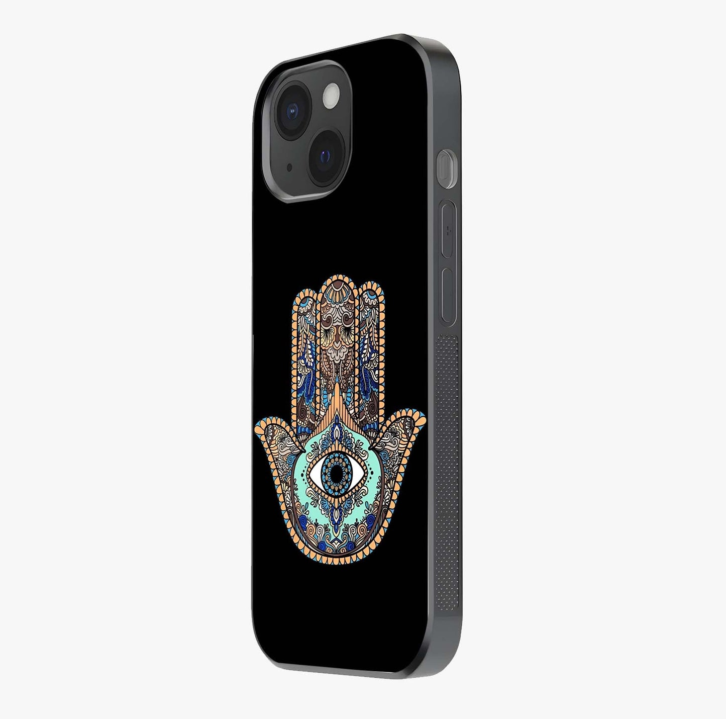 Mystic Hamsa Eye Glass Case photographed in natural light showing reflective finish and design depth.