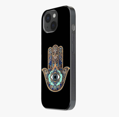 Mystic Hamsa Eye Glass Case photographed in natural light showing reflective finish and design depth.
