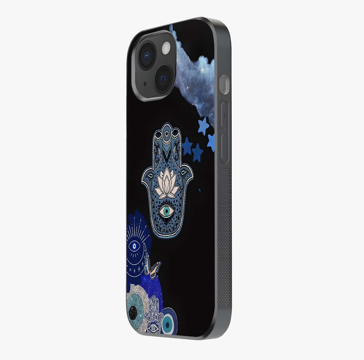 Mystic Hand Aura Glass Case photographed in natural light showing reflective finish and design depth.
