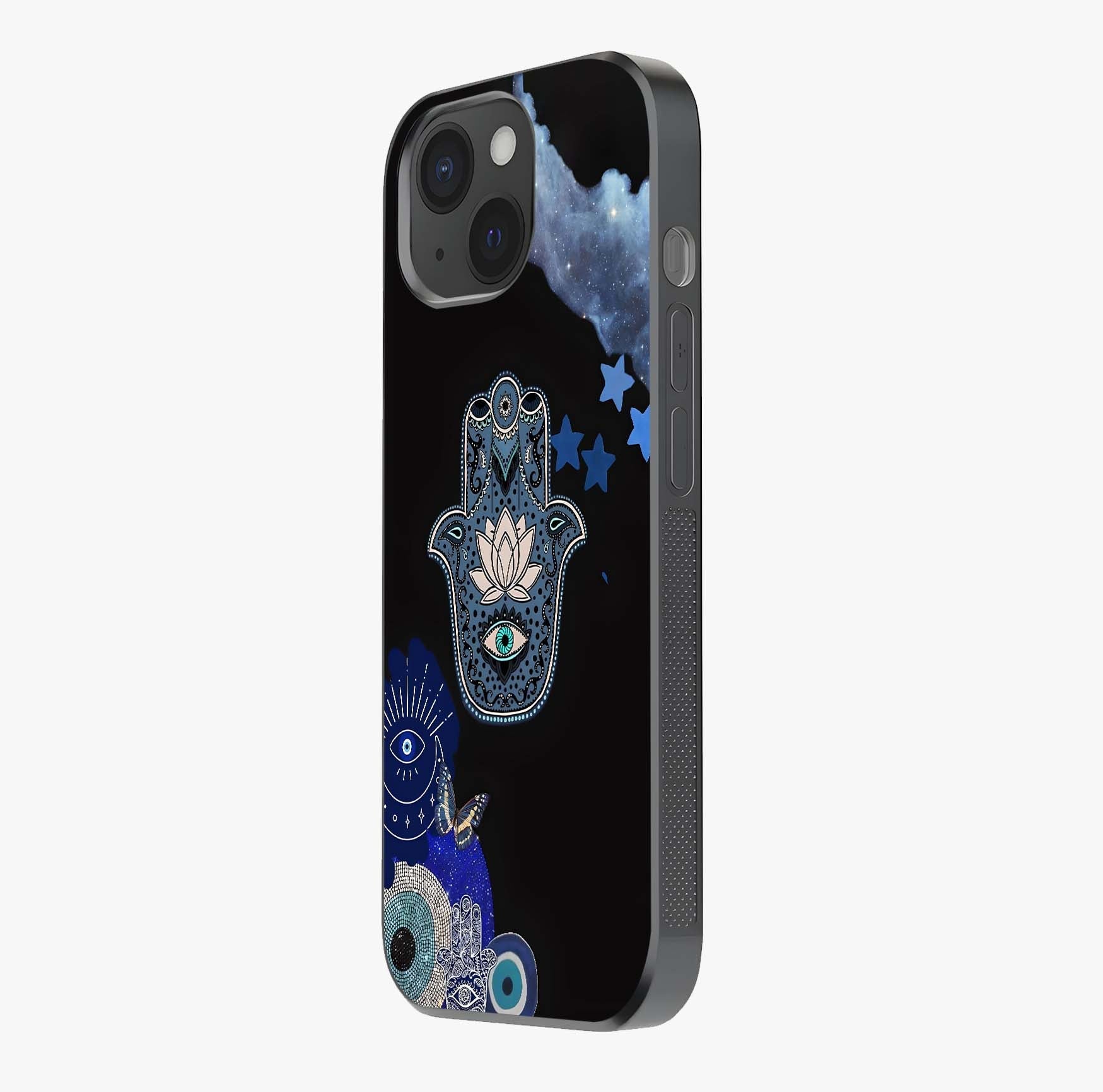 Mystic Hand Aura Glass Case photographed in natural light showing reflective finish and design depth.