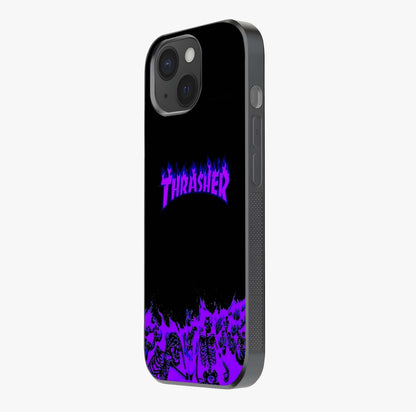Neon Flame Riot Glass Case photographed in natural light showing reflective finish and design depth.