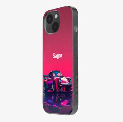 Neon Pink Porsche Glass Case photographed in natural light showing reflective finish and design depth.