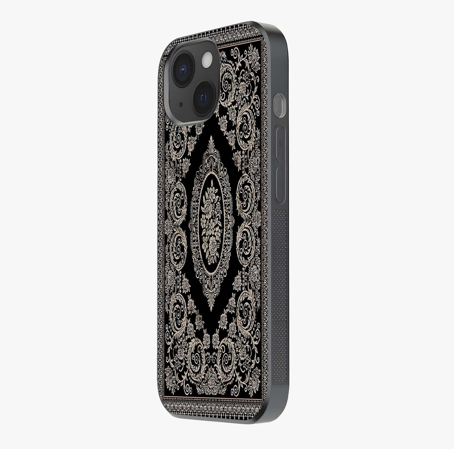 Noir Bloom Elegance Glass Case photographed in natural light showing reflective finish and design depth.