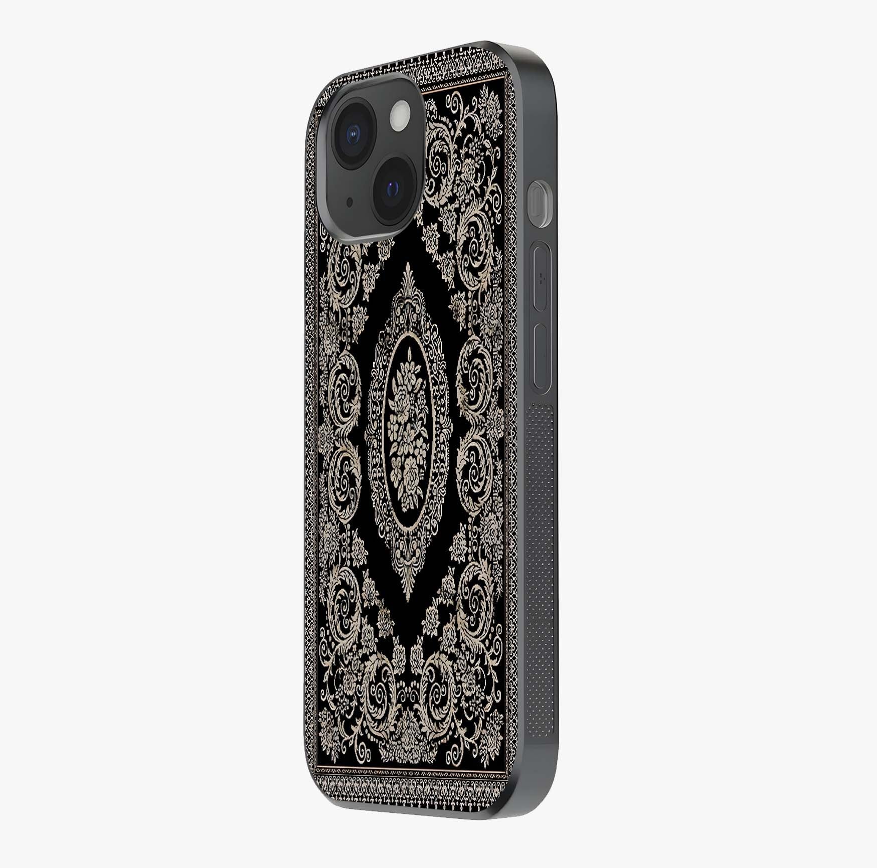 Noir Bloom Elegance Glass Case photographed in natural light showing reflective finish and design depth.