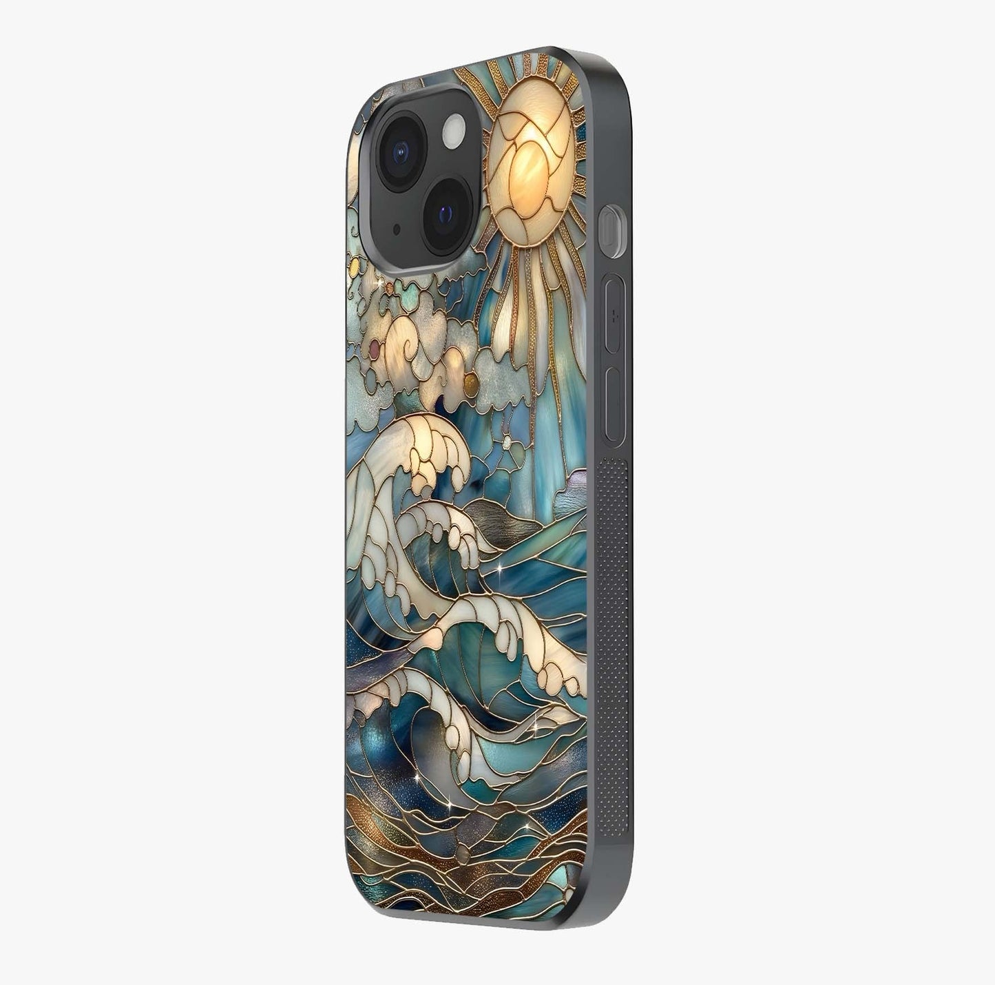 Oceanic Stained Printed Glass Case photographed in natural light showing reflective finish and design depth.