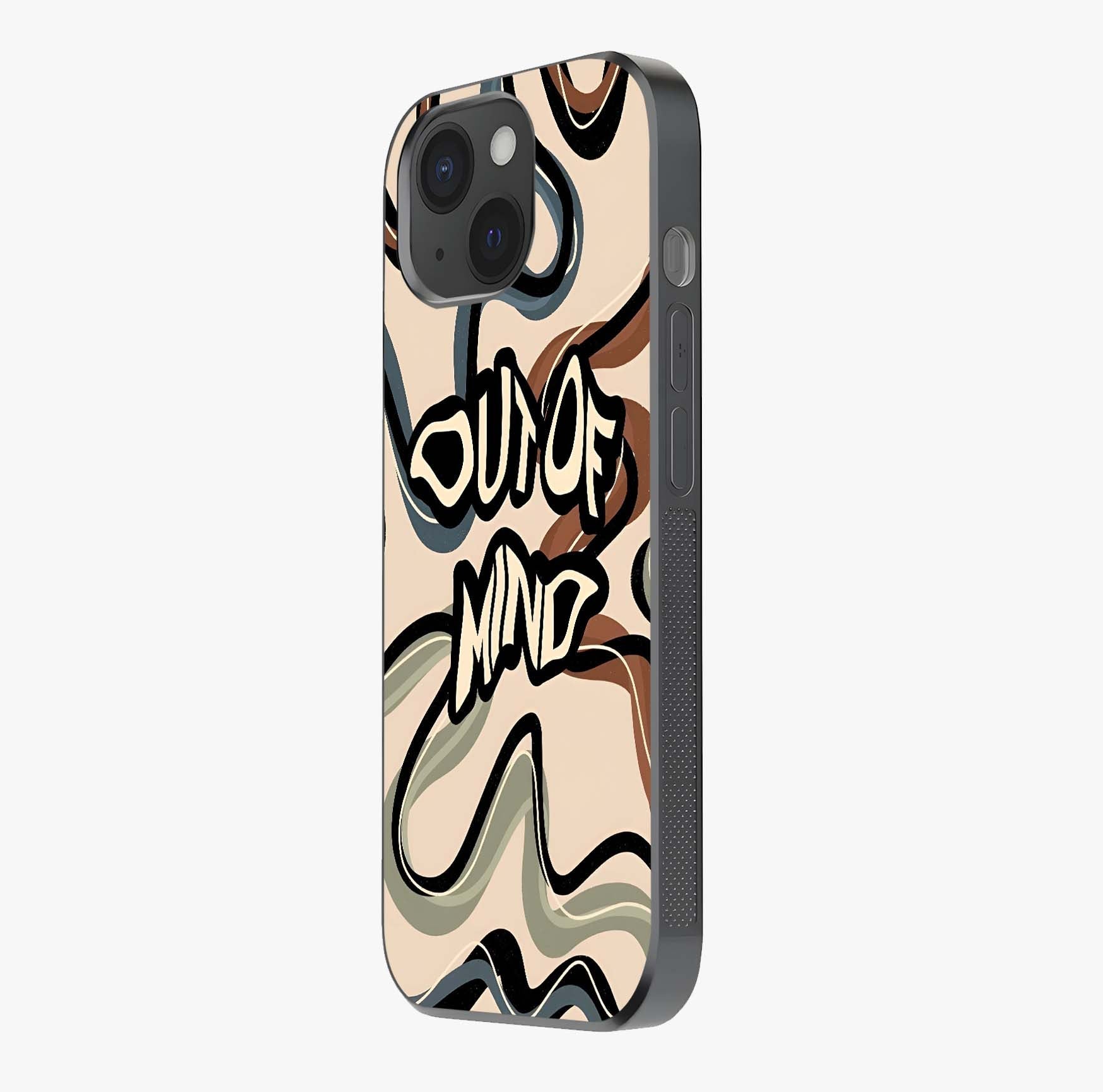 Out Of Mind Glass Case photographed in natural light showing reflective finish and design depth.