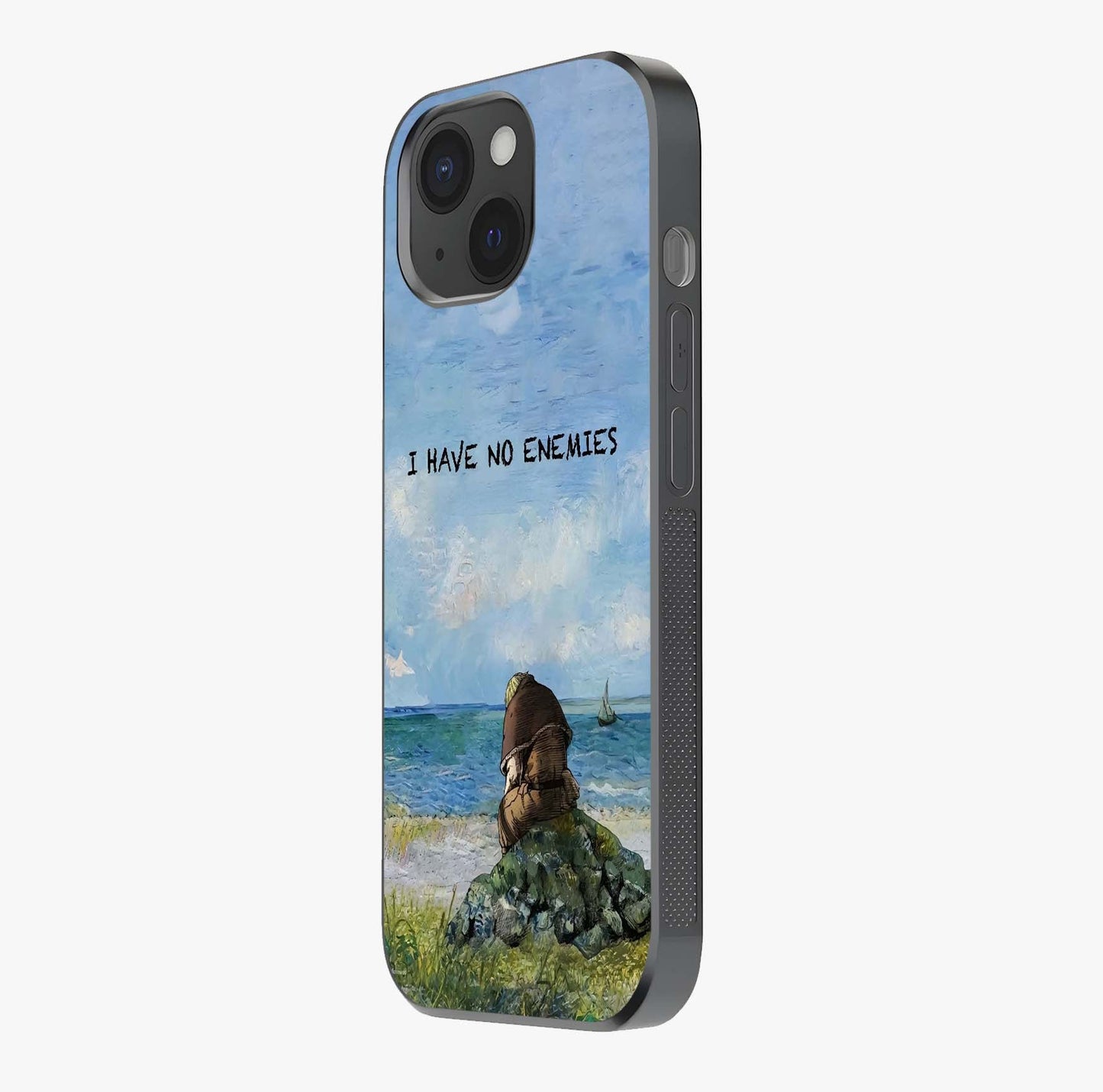 Peace Beyond War Glass Case photographed in natural light showing reflective finish and design depth.