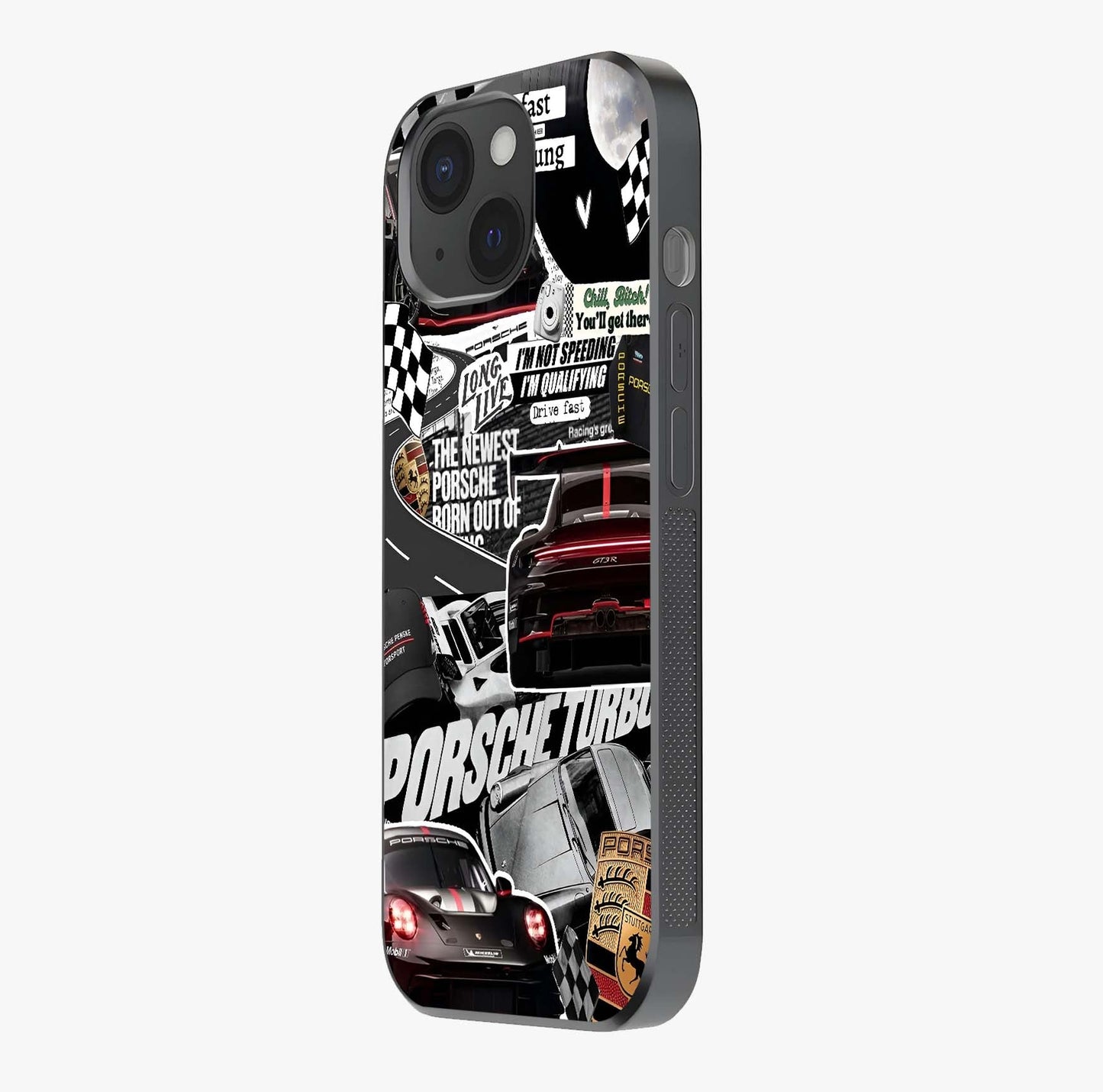 Porsche Racing Collage Glass Case photographed in natural light showing reflective finish and design depth.