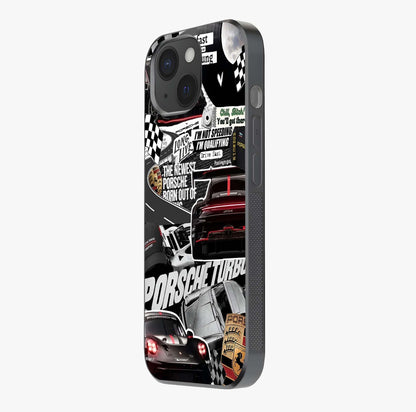 Porsche Racing Collage Glass Case photographed in natural light showing reflective finish and design depth.