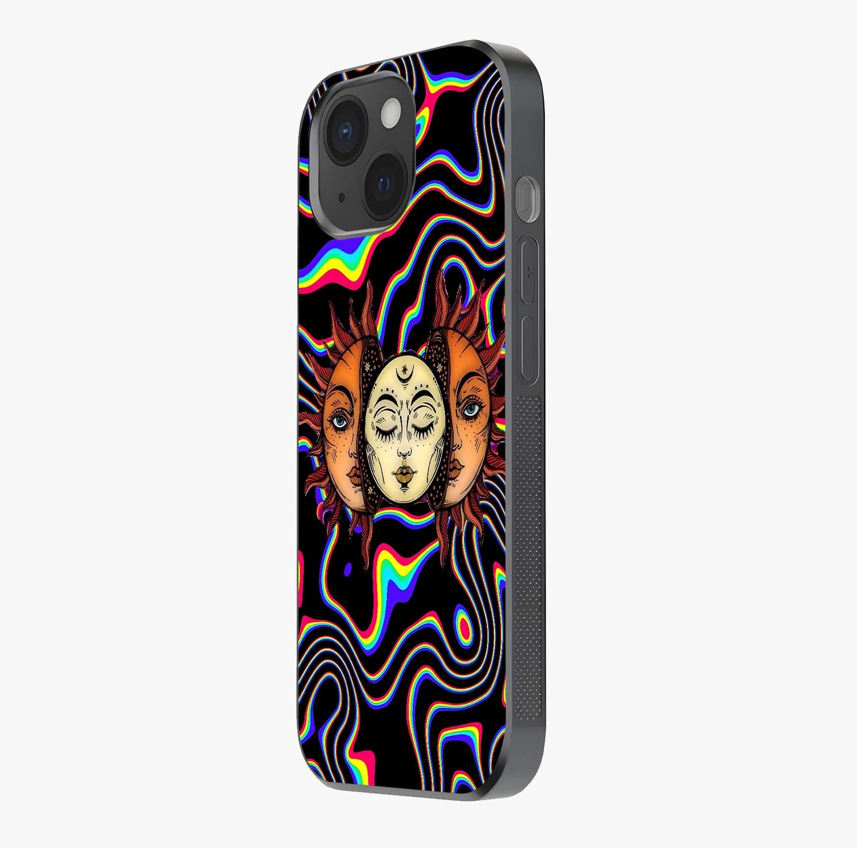 Psychedelic Sun Glass Case photographed in natural light showing reflective finish and design depth.