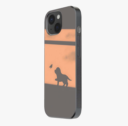 Puppy Shadow Art Glass Case photographed in natural light showing reflective finish and design depth.