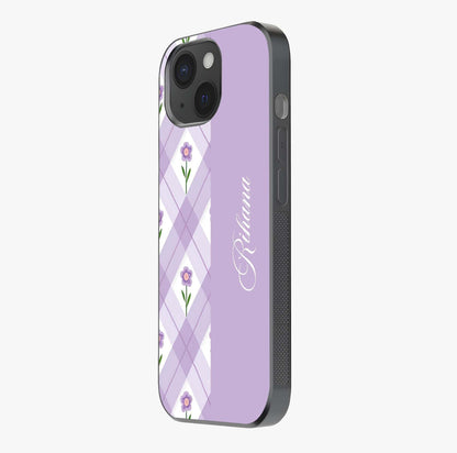 Purple Diamond Floral Glass Case photographed in natural light showing reflective finish and design depth.