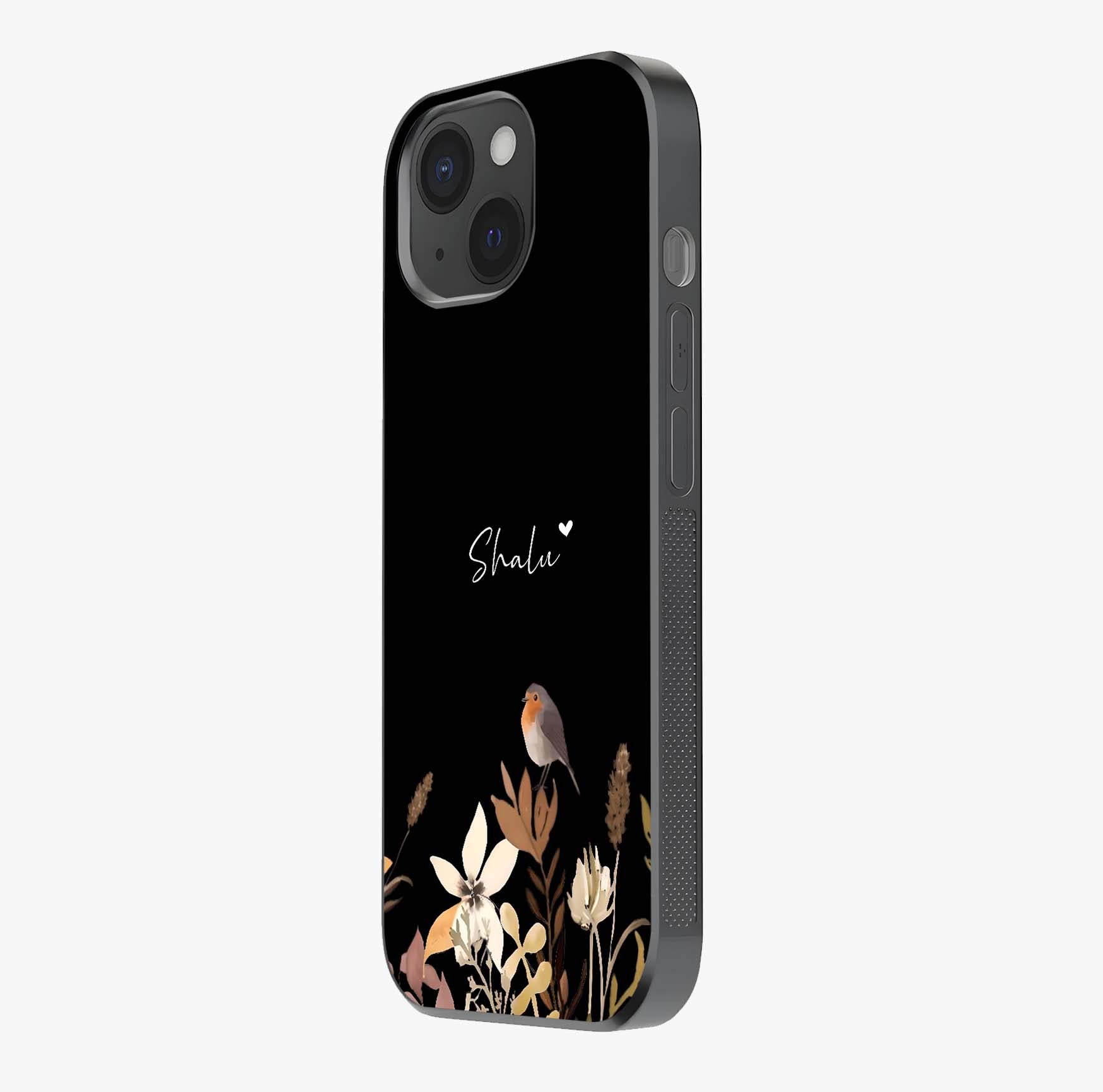 Quiet Garden Tune Custom Name Glass Case photographed in natural light showing reflective finish and design depth.