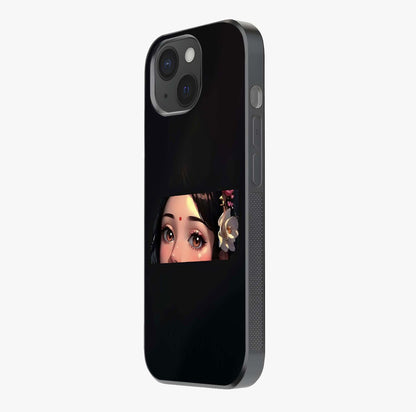 Radha Divine Embrace Glass Case photographed in natural light showing reflective finish and design depth.