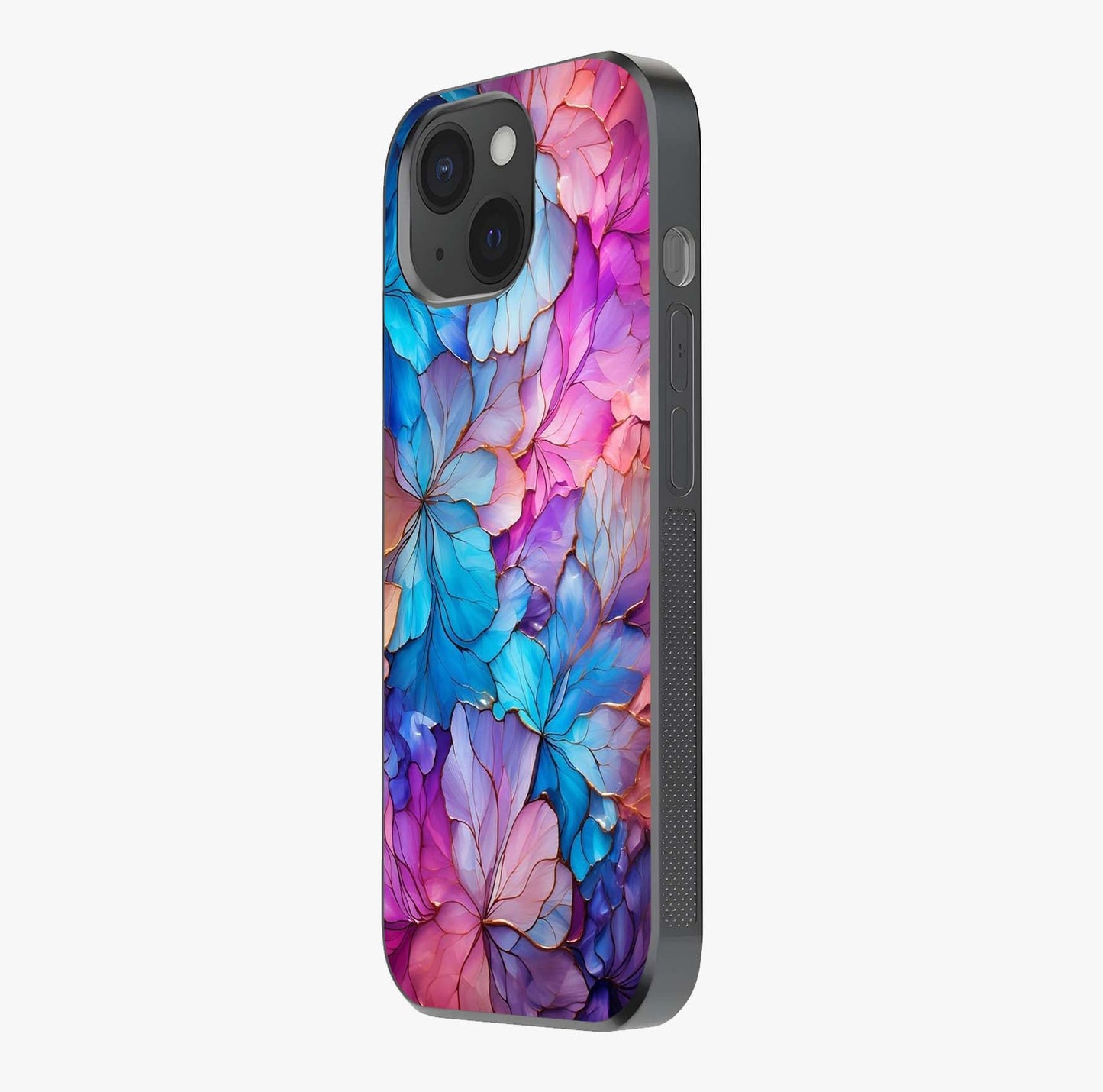 Radiant Floral Whirl Glass Case photographed in natural light showing reflective finish and design depth.