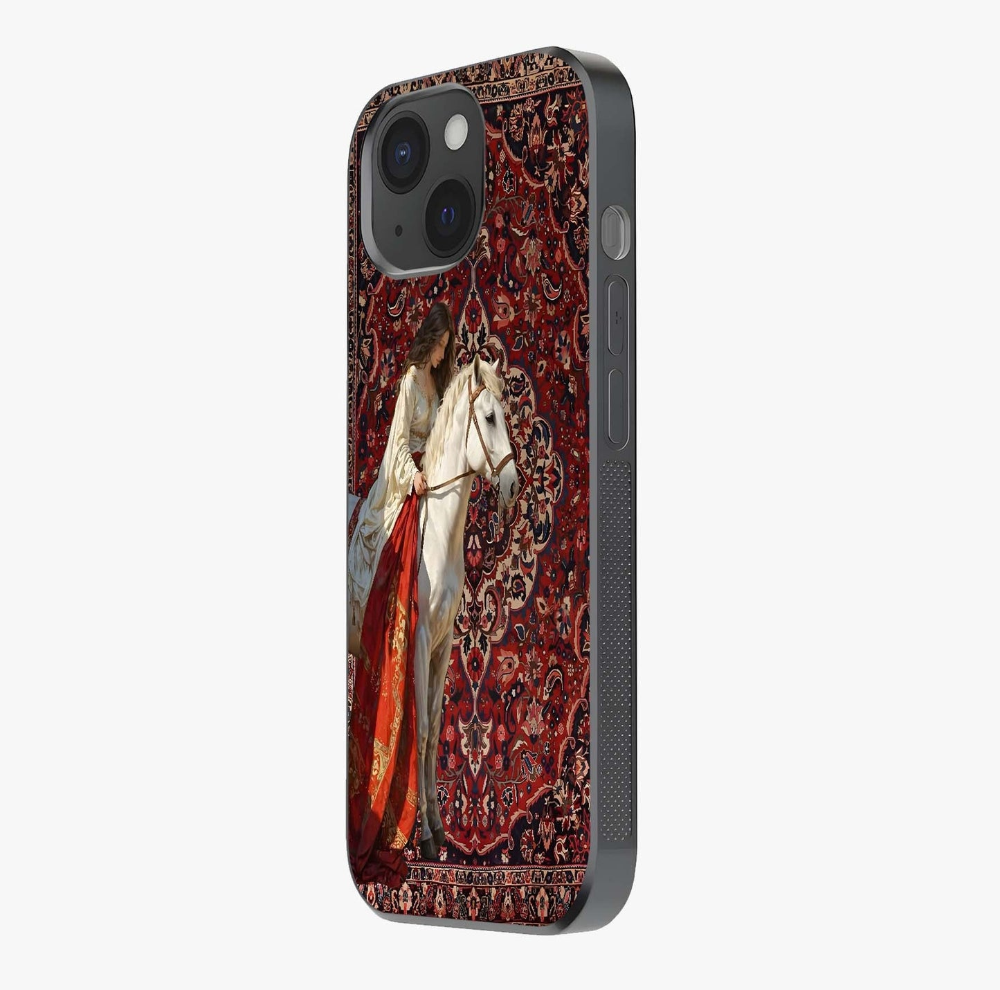 Royal Rider Tapestry Glass Case photographed in natural light showing reflective finish and design depth.
