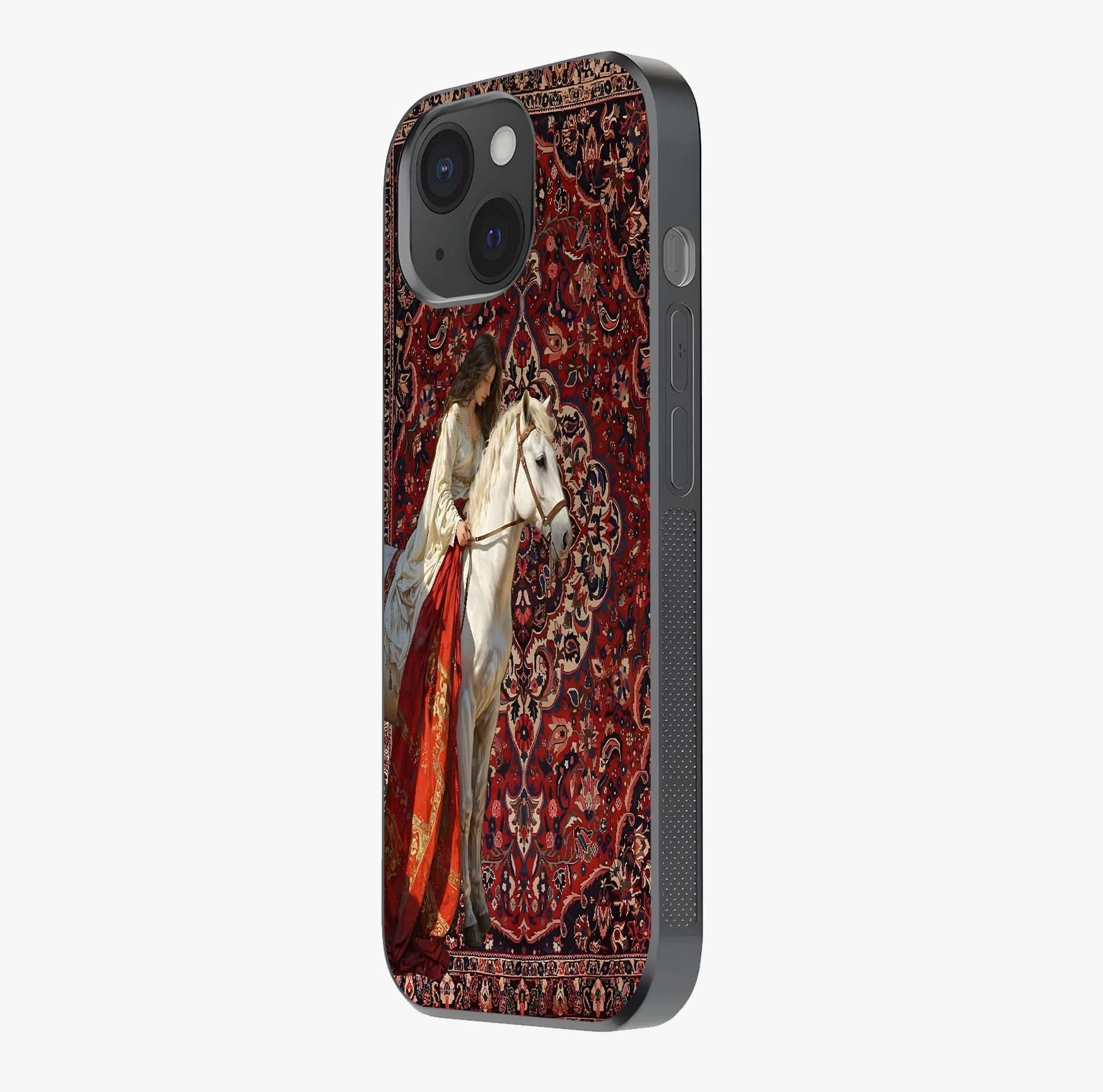 Royal Rider Tapestry Glass Case photographed in natural light showing reflective finish and design depth.