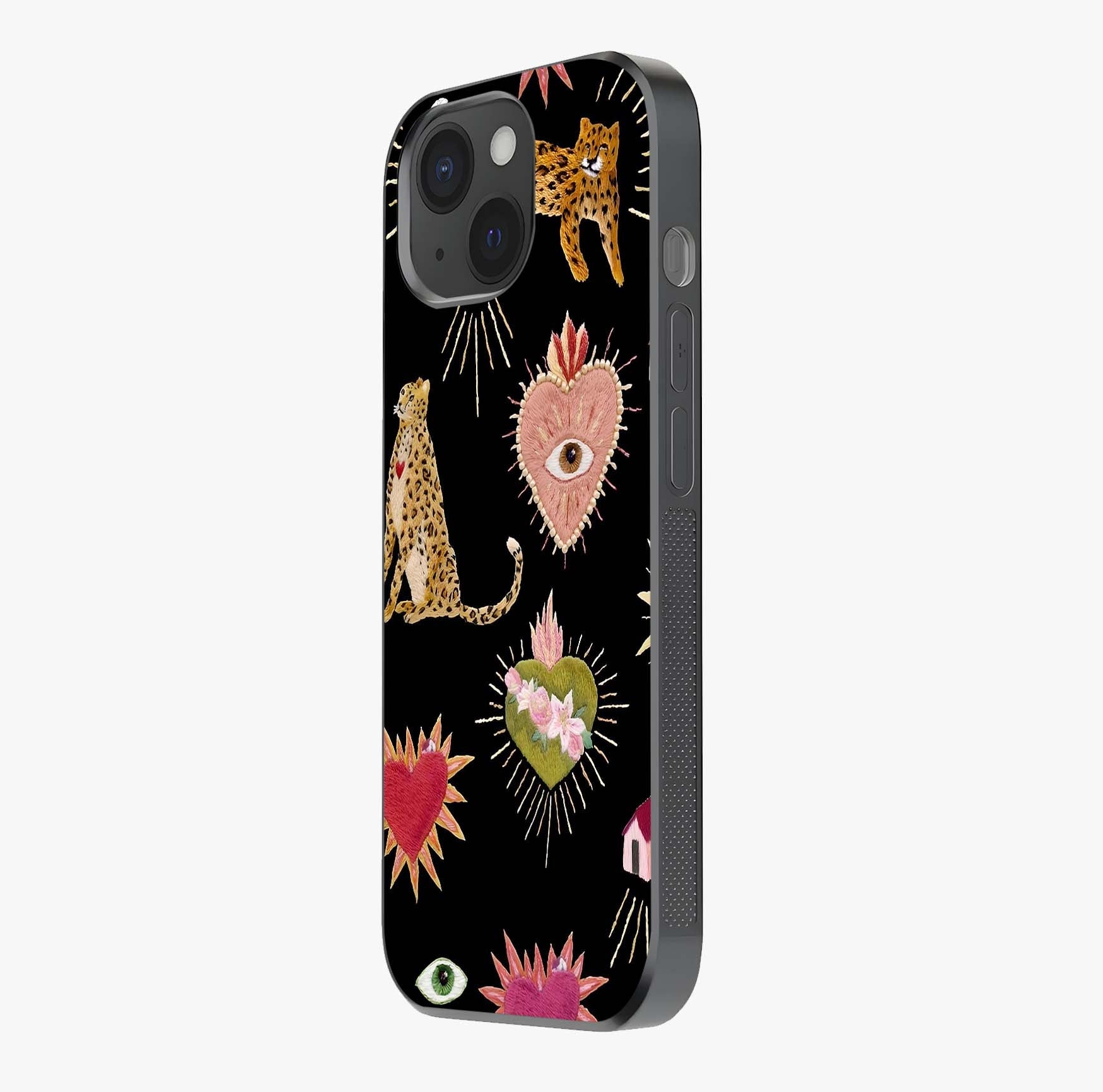 Sacred Jungle Heart Glass Case photographed in natural light showing reflective finish and design depth.