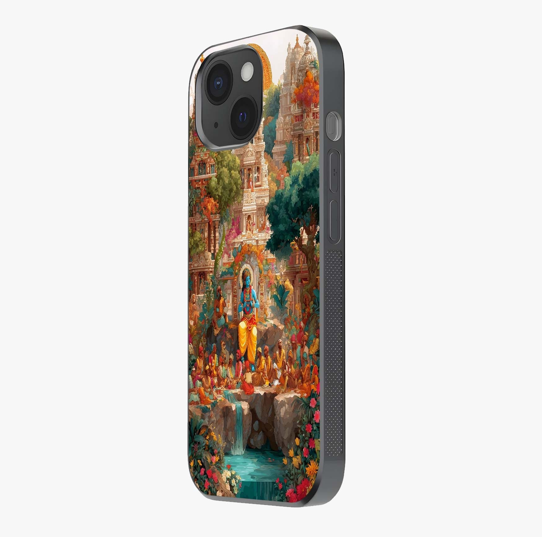 Sacred Sunlight Gods Glass Case photographed in natural light showing reflective finish and design depth.
