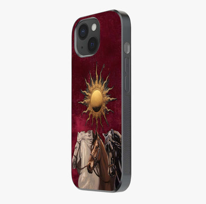 Solar Riders Glass Case photographed in natural light showing reflective finish and design depth.