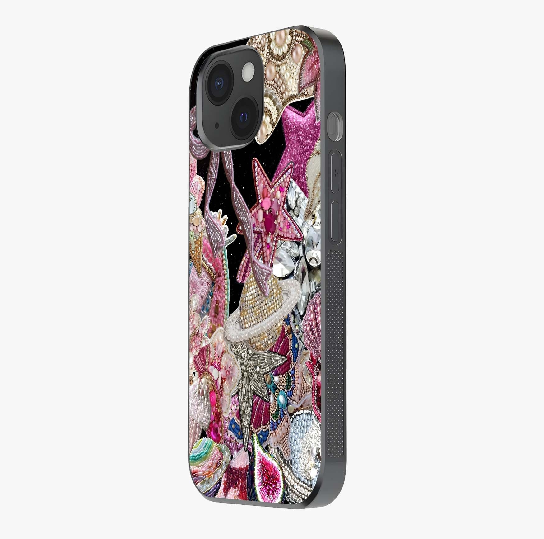 Starlit Jewel Dream Glass Case photographed in natural light showing reflective finish and design depth.