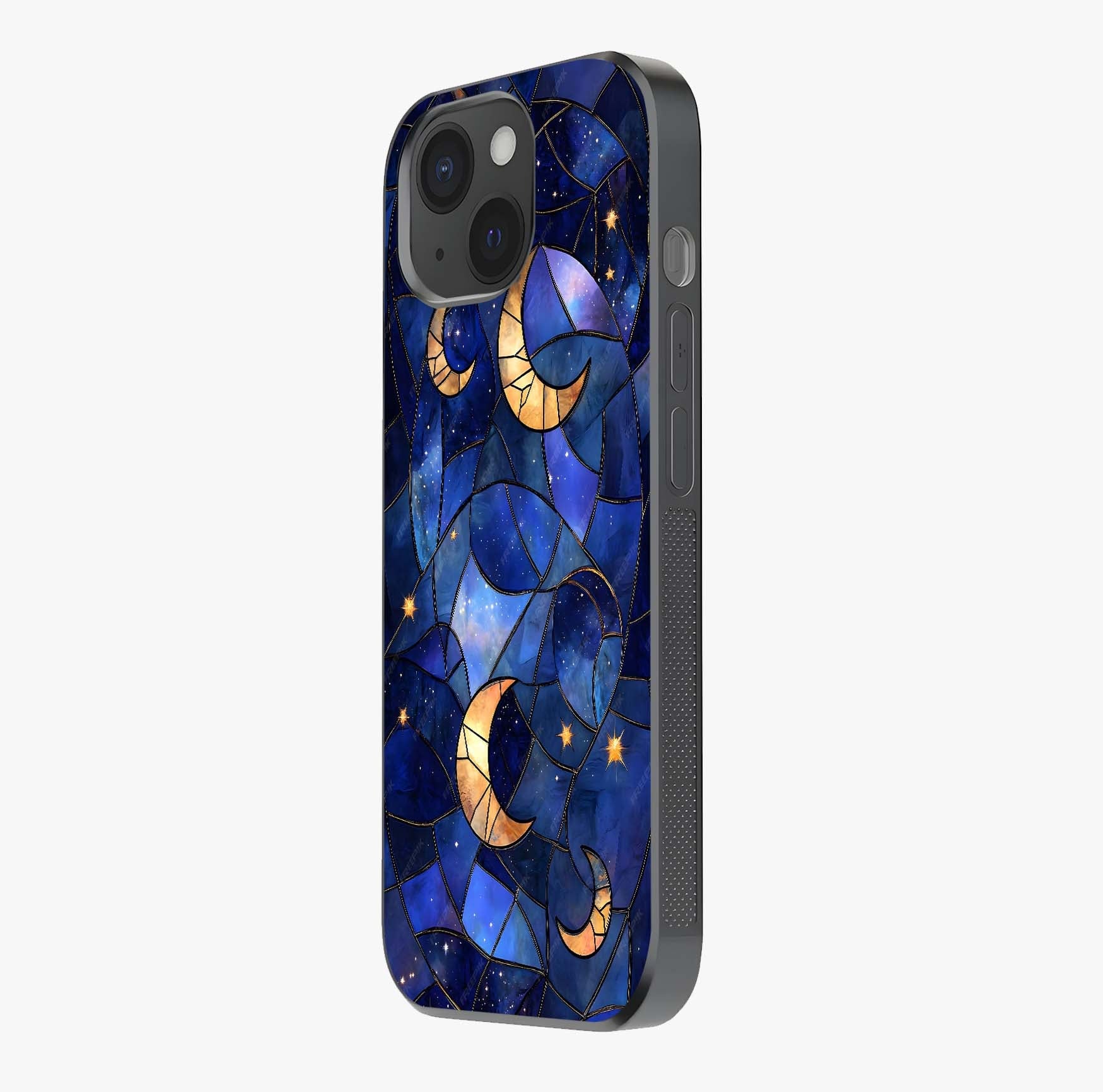 Starlit Sky Tapestry Glass Case photographed in natural light showing reflective finish and design depth.