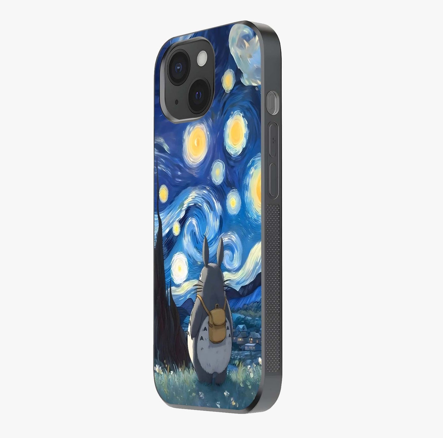 Totoro In Van Gogh Art Glass Case photographed in natural light showing reflective finish and design depth.